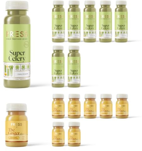 PRESS Healthfoods - Celery Juice & Ginger Shot Variety Pack (14-Pack) | 7x250ml Celery Juice, 7x100ml Ginger Shot | Cold Pressed, Vegan, Detox, Immune-Boosting
