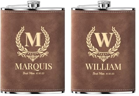 Petacas de Alcohol Personalizada Flask 2 Piezas Regalos de Boda Padrinos Acero Inoxidable Portátil Cuero Grabado Marrón 8 OZ