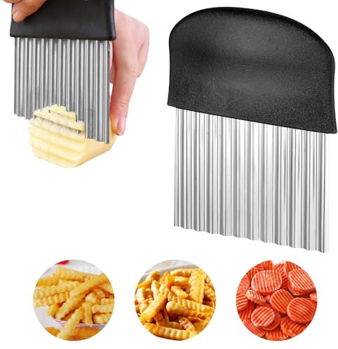 2Pcs Crinkle Cutter, Stainless Steel French Fry Cutter for Potatoes Blade Potato Cutters Wavy Chopper Carrot Chip Crinkle Wavy Slicer Tools with Handle for Vegetable