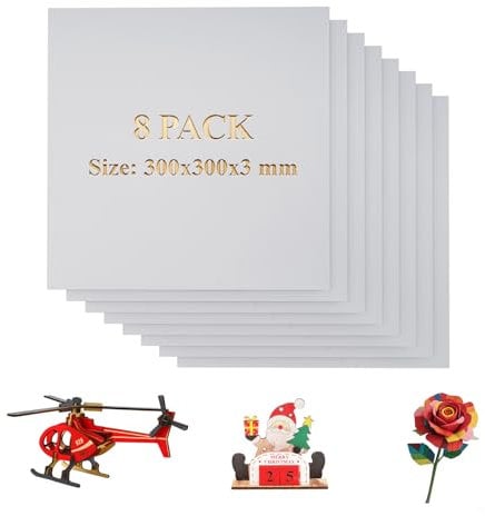 Uadme Compensato Colorato, 8 Pezzi 300x300x3mm Fogli di Legno Tiglio per Laser, Materiale Incisore Laser per DIY Artigianato, Modellismo, Progetti Artistici Creativi (Bianco)