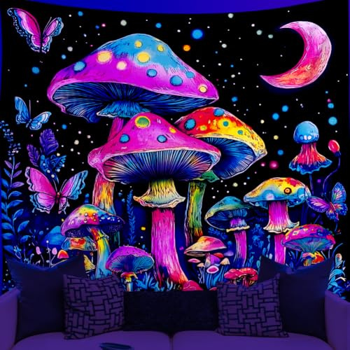 WEBEEDY Geheimnisvolles Pilz Tapestry Schwarzlicht Tapestry UV Reaktives Pilz Busch Schmetterling Mond Tapestry Poster Raumdekoration Für Zuhause Wandbehang 150x130cm