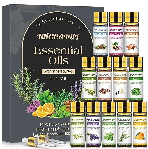 MIGCAPUT Set di Oli Essenziali per Diffusori 12 x 5ML, Olio Essenziale di Aromaterapia Naturale per SPA, Massaggi, Bagno - Lavanda, Tea Tree, Menta, Sandalo, Legno di Cedro, Citronella, Vaniglia