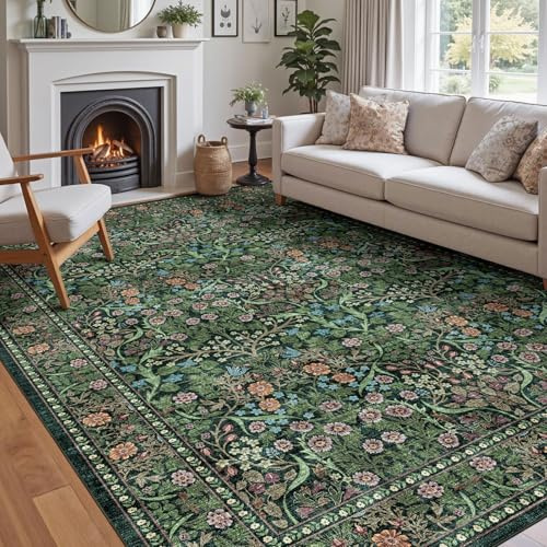 Othilic Waschbarer floraler Teppich für Wohnzimmer, 25,4 x 35,6 cm, groß, dunkelgrün, Boho-Schlafzimmerteppich, schmutzabweisend, Vintage, botanisch, weich, Niederflor-Teppich für Schlafzimmer, Büro