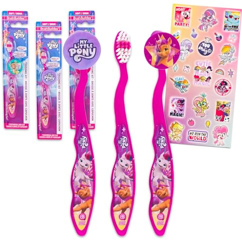 My Little Pony Zahnbürsten-Set für Kinder – Paket mit 3 MLP-Zahnbürsten mit Sammelkappen und Aufklebern für Kinder, Mädchen, Kleinkinder | My Little Pony Zahnbürsten-Set