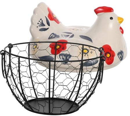 OFFSCH Cesta de Huevos Metálica con Tapa de Cerámica Diseño Cesta Ligera y Portátil para Almacenamiento Encimera Decoración Temática Festival Cosecha de Hierro Artístico para Cocina