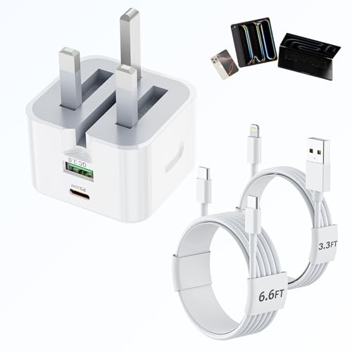 iPhone 17/16 Pro Max Charger Plug and Cable, 20W USB C Fast Charger Plug UK with Foldable Travel Design & 2 Cables, Dual Port PD QC 3.0 Wall Adapter, Compatible with iPhone 15/14/13/12, iPad, Samsung
