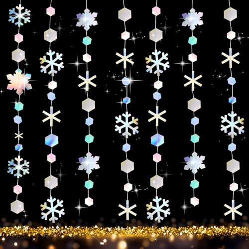VOSSOT 52 Ft Irisierend Glitzer Hängenden Papier Schneeflocken Girlande, Winter Wonderland Party Decoration, für Weihnachten, Winter Onederland, Geburtstag, Hochzeit Party Deko(4m X 4)