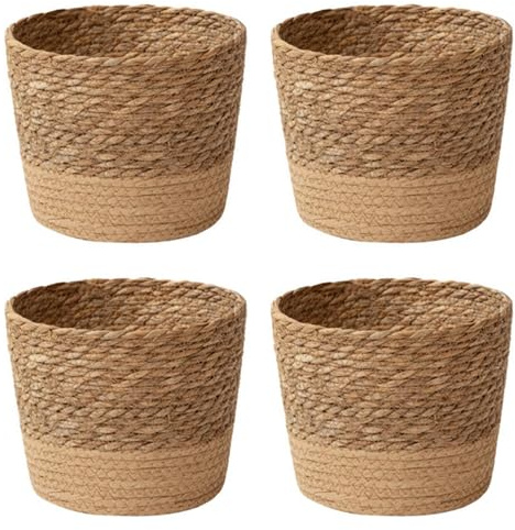 Glayent 4X Maceta de Flores Tejida de Paja, Cesta de Mimbre, Cesta de Almacenamiento de Maceta de Ratán, Cesta de Macetero Tejida Hecha una Mano S