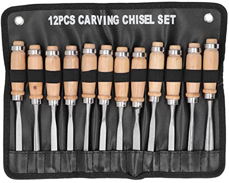 Wakects 12Pcs Wood Carving Chisels, High Speed Steel Woodworking Carving Tools Set with Wood Handle for Grinder Modeling Cutting