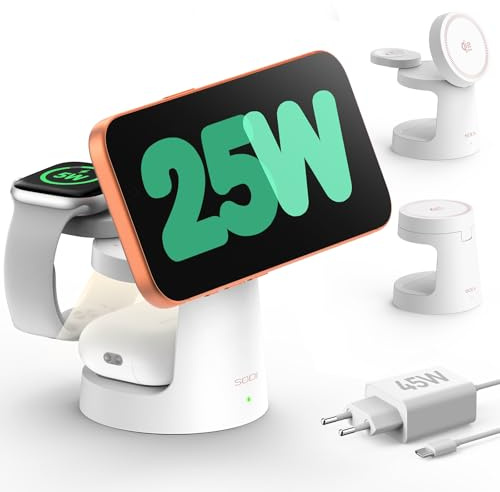 SODI UltraCharge 3 in 1 Ladestation mit Qi2.2, 25W Induktive Ladestation, Magnetisches kabelloses Ladegerät mit Nachtlicht für iPhone 17/16/15/14/13/12,Apple Watch, AirPods (45W Adapter Included),Weiß