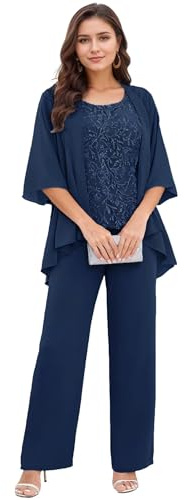 Infuness 3 Teilig Brautmutter Hosenanzug für Hochzeit Pailletten Chiffon Hosenanzug Damen Festlich mit Jacke Große Größen