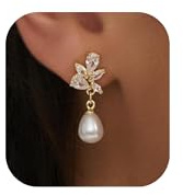 AOSWUD Perlen Ohrringe für Damen 14K Vergoldete Perlenohrringe Hängend mit Zirkonia, Hypoallergen Elegante Verlobung Hochzeit Ohrhänger für Braut Schmuck Geschenke für Valentinstag Muttertag