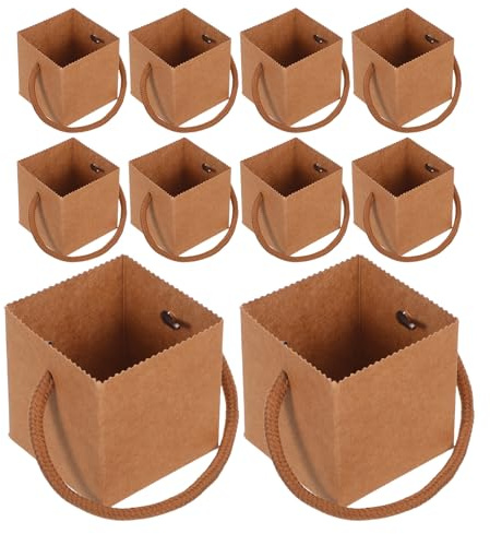 Hemobllo 50pcs Waterproof Kraft Paper Flower Tote Bags with Handle 2.5x2.5 Floral Boxes for Succulent Plants Bouquets and Potted Plant Packaging