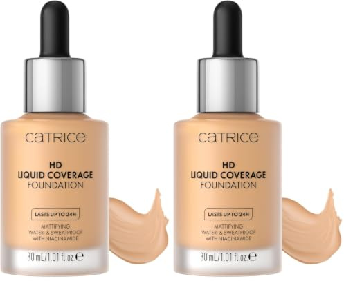 CATRICE HD Liquid Coverage Foundation 034 Medium Beige – Hohe Deckkraft ohne Maskeneffekt – Ultra-leichte, flüssige Textur – Samtig-mattes Finish – Make-up Vegan – 30 ml (Packung mit 2)