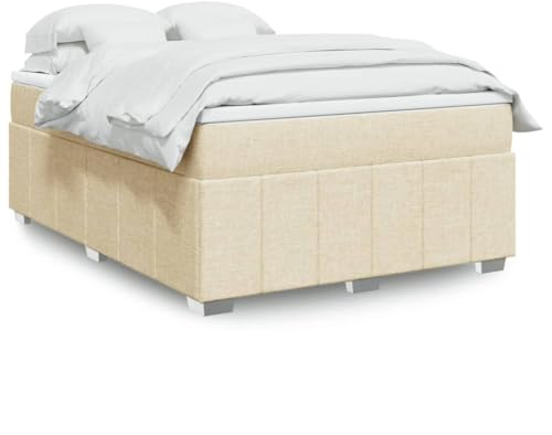 Boxspringbett mit Matratze und Topper Creme 140x200 cm Stoff Bettgestell mit Lattenrost Taschenfederkern Matratze 20 Hohe Liegeflaeche Schaumstoff Topper 5 cm Schlafzimmer Bett fuer erholsame Naechte
