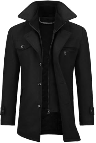 Allthemen Cappotto da Uomo in Lana Trench Slim Fit da Lavoro Corto Business Trench Coat Soft Touch Calda Invernale Coat Nero L