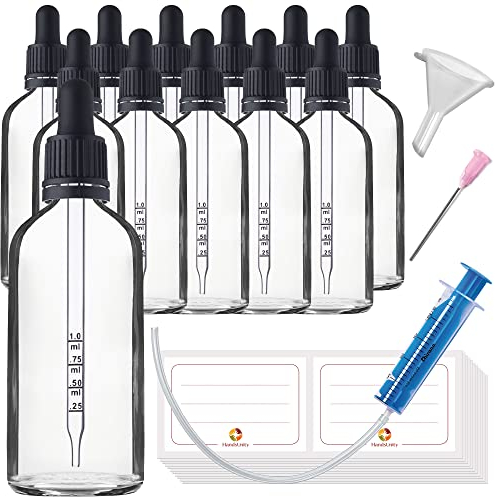 HandsUnity 100ml-12 pièces de Flacon de Verre pour Pipette - Ensemble de Pots de Pharmacie en Verre Transparent Avec Bouchon de Pipette Noir Comprenant 29 Accessoires Flacons en Verre Clair