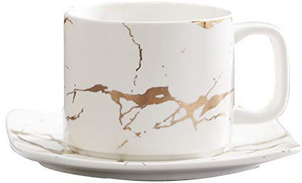 Set di tazzina da caffè e piattino in ceramica nera opaca dipinta a mano, motivo marmo, 250 ml