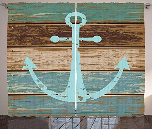 ABAKUHAUS Rustikal Rustikaler Vorhang, Anker auf Holzplanken, Wohnzimmer Universalband Gardinen mit Schlaufen und Haken, 280 x 245 cm, Hellblau Braun Teal