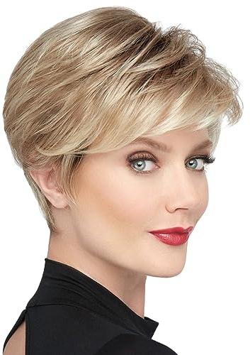 Becus Perücke Damen Kurz Blond Pixie Cut Fluffy Synthetische Perücke Kurze Haare Blonde Ombre Dunkle Wurzel Geschichtetes Haar mit Pony Perücken für Frauen Täglicher Gebrauch (Ascheblond)