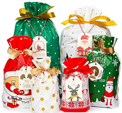 Christmas Drawstring Gift Bags 30pcs Assorted Christmas Wrapping Gift Bags Upgrade Christmas Goodie Bags for Christmas Party with Christmas Tags
