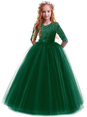 Vestido de Fiesta de Tul de Encaje Falda de Princesa para Niñas - 3/4 Largo Manga Boda Fiesta Graduación Comunión Cumpleaños Paseo Baile Cóctel Vestido de Novia Verde Oscuro 3-4 Años