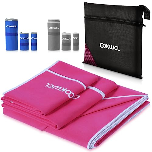 COKWEL Microfaser Handtücher Reisehandtuch 3 Stück-152x80cm/80x38cm/38x38cm - Schnelltrocknender Sporthandtuch, Saugfähiger Mikrofaser Handtuch für Reisen, Fitnessstudio, Strand, Yoga(Rosa)