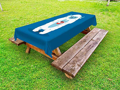 ABAKUHAUS Bigfoot Outdoor Tablecloth, Yeti Coffee Cup Winter, Decorative Washable Picnic Table Cloth, 58 X 120, Cobalt Blue Baby Blue