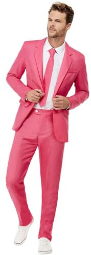 Smiffys Solid Colour Stand Out Suit, Hot Pink Jacket, Trousers & Tie, Stand Out Suits Fancy Dress, Party Dress Up Costumes