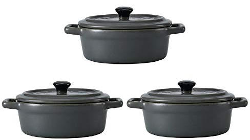 Lot de 3 Mini Cocottes Ovales Grises Céramique Double Poignées Avec Couvercle 14cm x 6,3cm Contenance Moule 150ml Ramequin Résistant Haute Température Four Pour Petits Plats (Grises, Lot de 3)