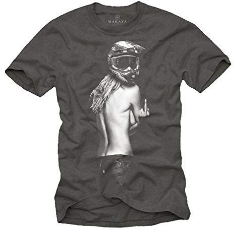 Motorrad T-Shirt Herren - Pin Up Girl mit Motocross Helm - Motorradbekleidung Grau L
