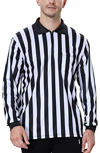 TOPTIE Men's Official Long Sleeve Black & White Striped Referee Shirt, Pro-Style Ref Umpire Jersey-XL