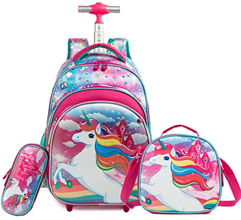 HTgroce Einhorn Mädchen Rollrucksack,Rucksack mit Rädern für Mädchen Kinder Grundschüler,Trolley Schultaschen Wasserabweisendes Reisegepäck mit Rädern Lunchbag und Federmäppchen