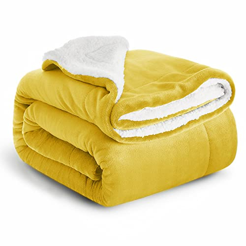Imperial Rooms Sherpa Fleece Blanket Bed Throws Blankets For Sofas Soft Fluffy Thick Blanket Reversible Microfiber Throw (Ochre, Twin/Double (150 x 200 Cm))