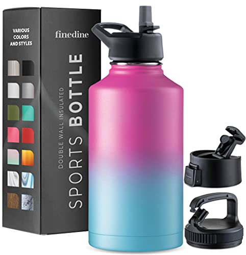 FineDine Triple Walled, Insulated Water Bottles with Straw - 64 Oz Stainless Steel Metal Bottle W/ 3 Leak Proof Lids - For Travel, School, Sports, Gym/Men, Women & Kids - Pacific Blue Rose Blend