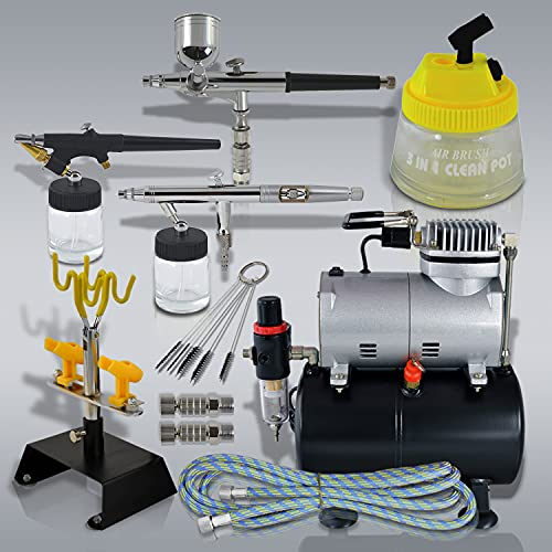 Airbrush-Set Universal II Komplett-Set mit Airbrush Kompressor 3 hochwertigen Pistolen, Halter, Kompressor-3L Tank, Schnellkupplungen, Cleaning Pot, Schlauch und Reinigungsbürsten und Kleinzubehör