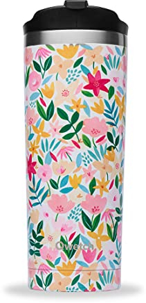 Qwetch - Travel Mug Isotherme - Flora Rose 470ml - Thermos Café & Thé en Inox - 6h Chaud et 12h Froid - Sans BPA, Étanche, Double Paroi