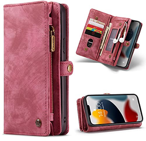 SWP Case for iPhone 13 Pro Max, Wallet Case w/Magnetic Detachable Cover [11 Card Slots] Clutch Wallet w/Wristlets Money Pocket for iPhone 13 Pro Max 6.7 inch (Red -ProMax)
