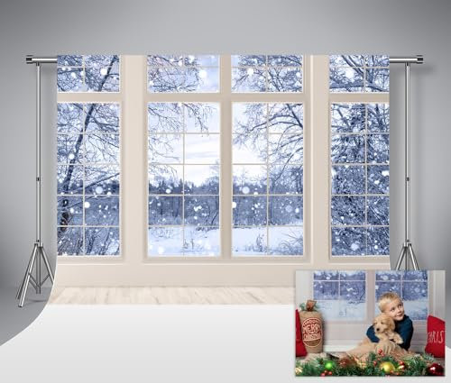 Kate Hintergründe 1.5x2.2m Winter Landschaft Fenster Foto Hintergrund Weihnachten Schnee Tress Fotostudio Hintergrund für Fotografie Weihnachten Partys Dekoration Hintergrund Fotografie Weihnachten
