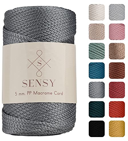 Sensy Premium 5 mm 104 Yards Polyesterseil 100% Polypropylen-Kordel Makramee-Kordel 5 mm Häkeltasche Kordel Makramee Seil Häkelgarn Geschenk für Strickwaren (Grau)