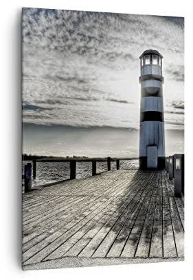 Bilder auf Leinwand 70x100cm Leinwandbild mit Rahmen See Leuchtturm Holzbrücke Wasser Groß Wanddeko Bild Schlafzimmer Deko Wandbilder Dekoration Wohnzimmer Canvas Wand Kunstdruck Art PA70x100-0330