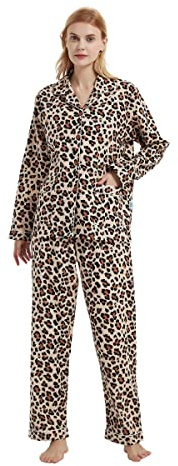 Global - Pigiama da donna, 100% flanella di cotone, con bottoni frontali, pantaloni con coulisse, Marrone leopardato., L
