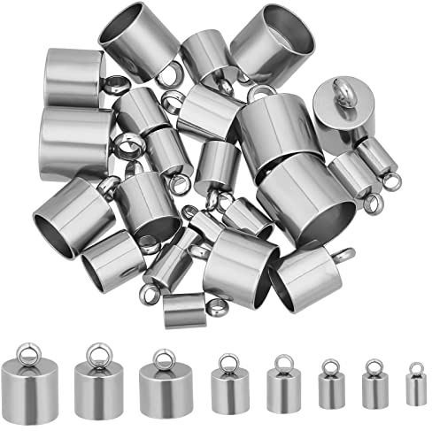 DICOSMETIC 32 Stück Edelstahl Endkappen 8 Größen Leder Kordelenden Glatte Endkappen Leder Kordelenden Terminatoren Perlenkappen Schmuckzubehör Sets Für DIY Lederkordel Armbänder Halskette