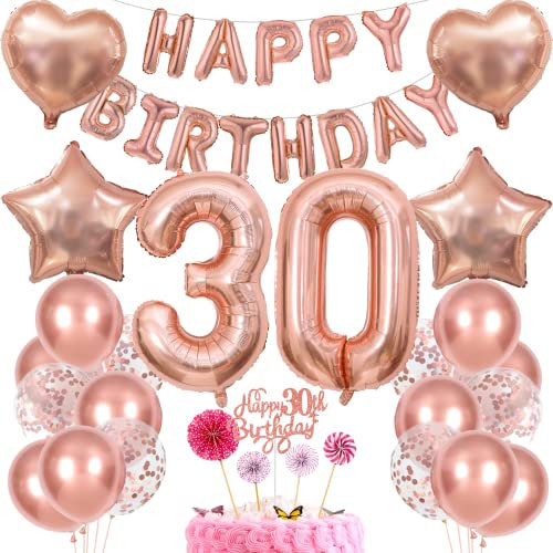 Deko 30. Geburtstag Frauen Tortendeko Rosegold - Geschenk für 30 Jahre Ballon Set