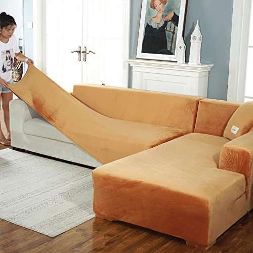 Sofa Schonbezug U Form Ecksofa Couch Bezug ,Dickere Samt Sofabezug L Form Links Rechts,2er Set Chaiselongue Sofa überzug für Wohnzimmer, Sofa Überwürfe für Hunde Haustiere,Orange-2seats+4seats