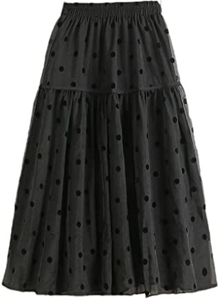 Dninmim Gonna in tulle a pois marrone riso a sezione sottile gonna lunga a trapezio casual gonna a vita alta in rete, Nero , Taglia unica