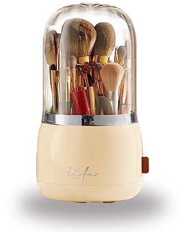 Mackertop Support de pinceaux de maquillage avec couvercle, rotatif à 360°, en acrylique, sans poussière, étanche, boîte de rangement de grande capacité pour coiffeuse, brosse (jaune)
