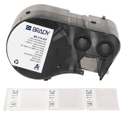 Brady Selbstlaminierendes Vinyl-Vorgefertigte Etiketten für Etikettendrucker BMP51/BMP53/M511-200 Klebeetiketten - Schwarz auf Weiß, Transparent (38,10 mm (B) x 31,75 mm (H)) - M5-115-427