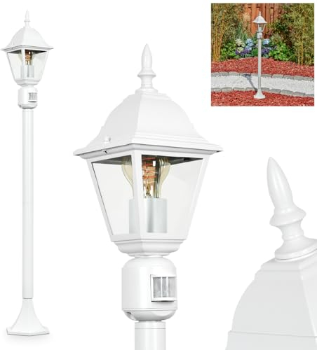 Außenwegeleuchte Naofe, Wegeleuchte mit Bewegungsmelder aus Metall/Glas in Weiß/Klar, Außenleuchte in antikem Look, 116 cm, Gartenlampe, Gartenbeleuchtung IP44, 1 x E27, ohne Leuchtmittel