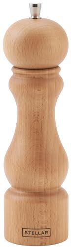 Stellar Kitchen Natural Beech Salt Mill, 21cm, Large - Handcrafted Wooden Body & Corrosion Resistant Stainless Steel Adjustable Grinding Mechanism